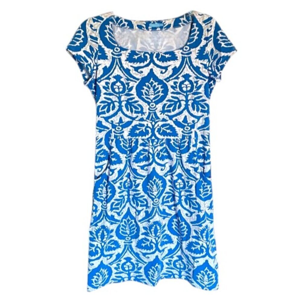 J. McLaughlin Blue and White Damask Pattern Dress Size Medium 47775